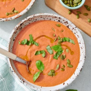 Easy tomato gazpacho in bowl.