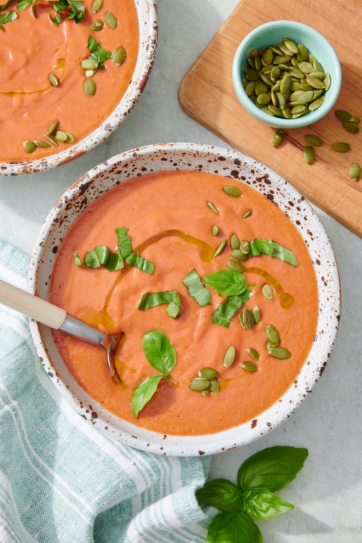 Easy tomato gazpacho in bowl.