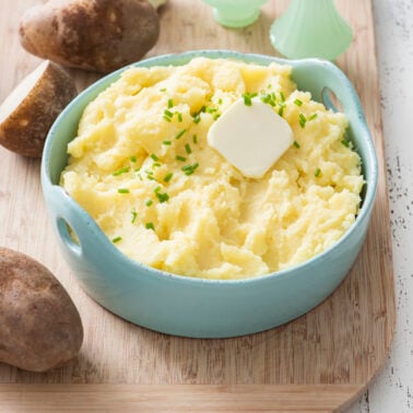 Yukon gold mashed potatoes in serving dish.