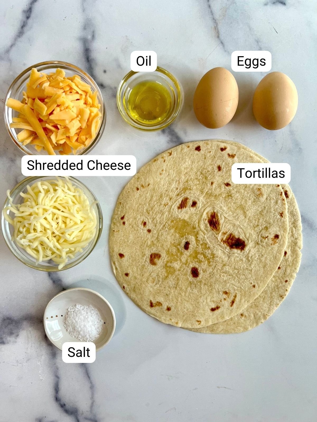 Breakfast quesadilla ingredients.