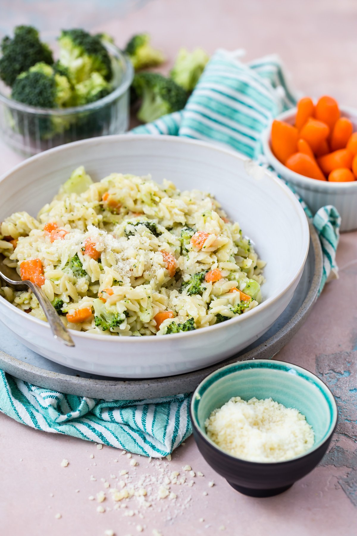 Carrot Broccoli Cheese Orzo recipe from Weelicious.com