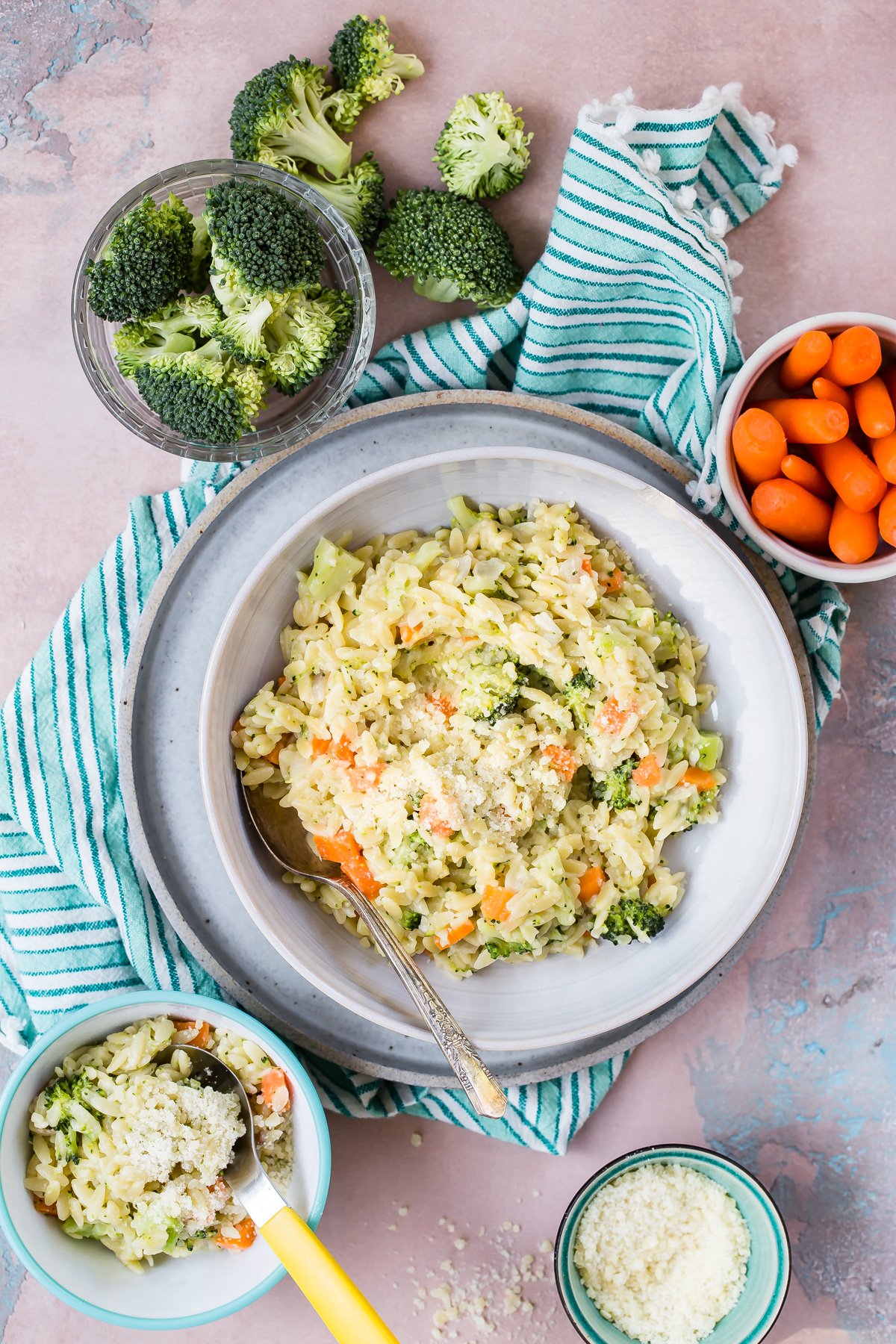 Carrot Broccoli Cheese Orzo recipe from Weelicious.com