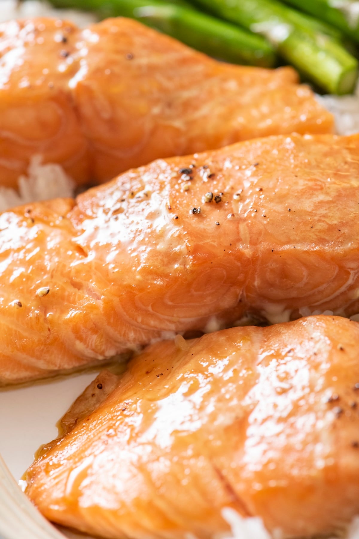 Maple soy salmon on a bed of rice.