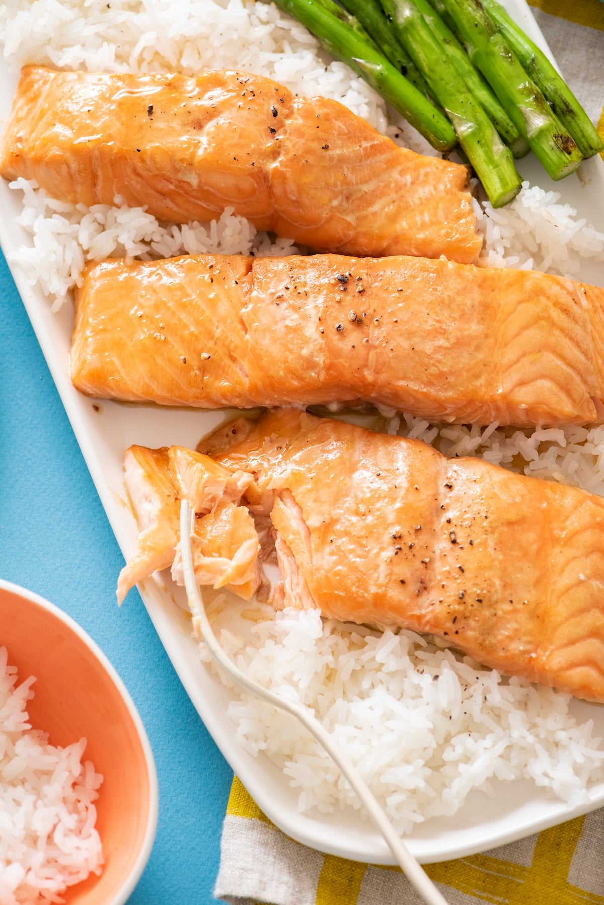 Maple Soy Salmon on a bed of rice.