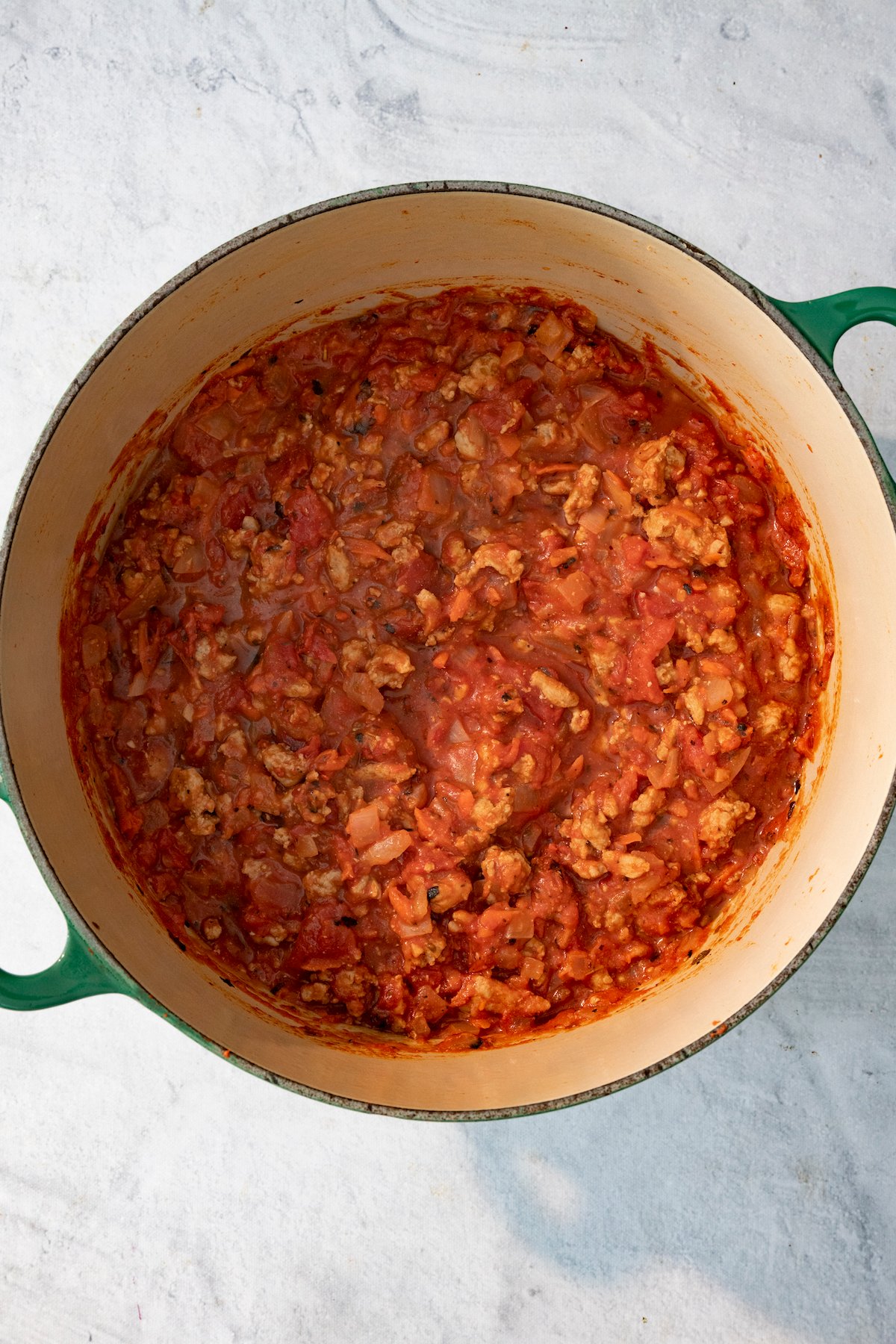 Large pot with turkey bolognese sauce.