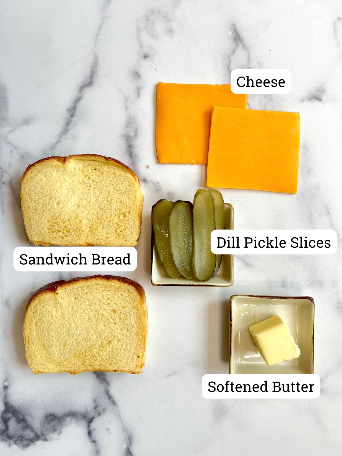 Pickle grilled cheese ingredients.