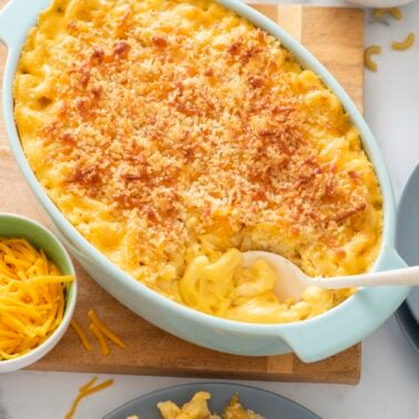 Old-fashioned macaroni and cheese in serving dish.