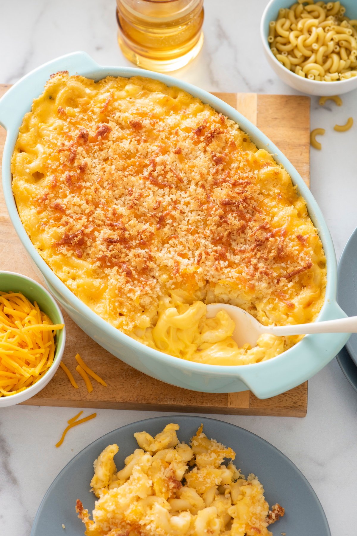 Old-fashioned macaroni and cheese in serving dish.