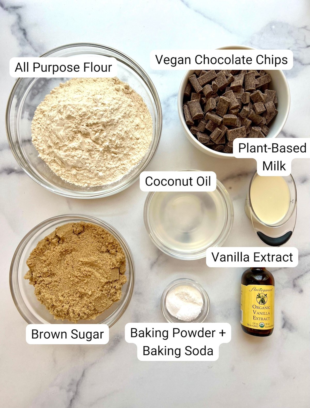Vegan chocolate chip cookie ingredients.