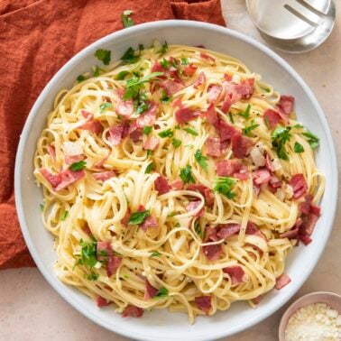 Lightened Up Spaghetti Carbonara in large serving bowl.