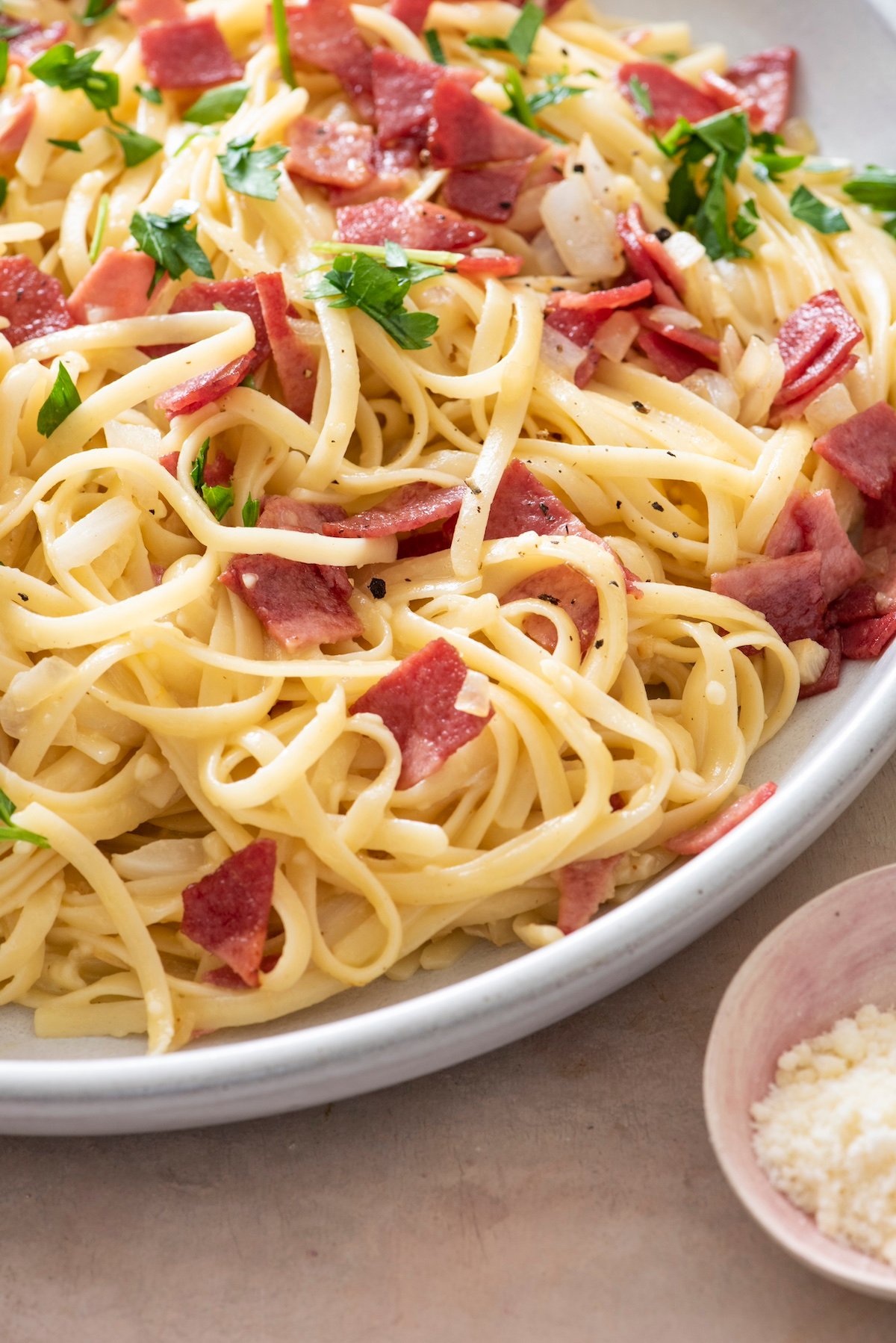 Lightened Up Spaghetti Carbonara plated. 