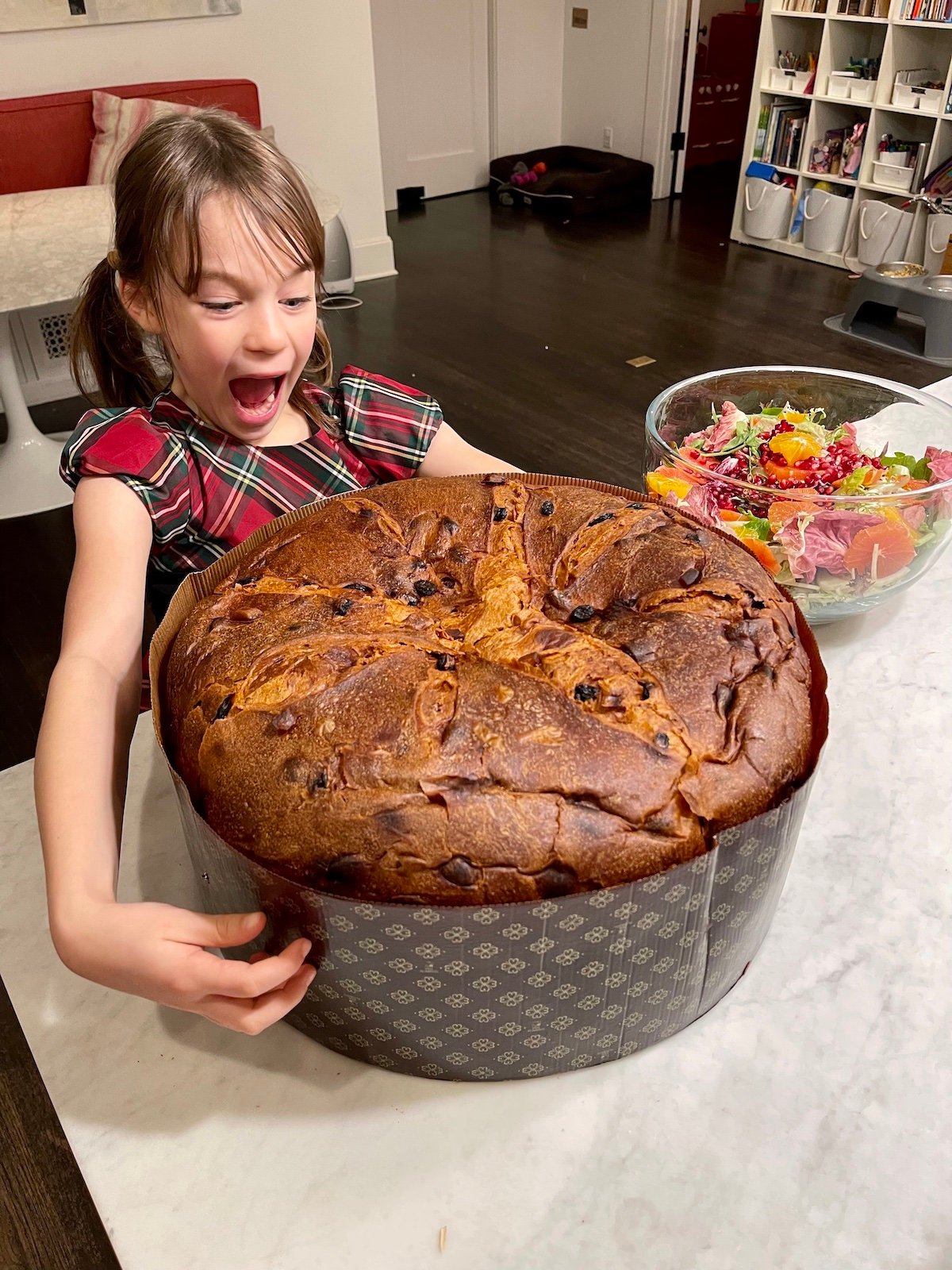 Young girl with excited expression looking at a large holiday dessert.