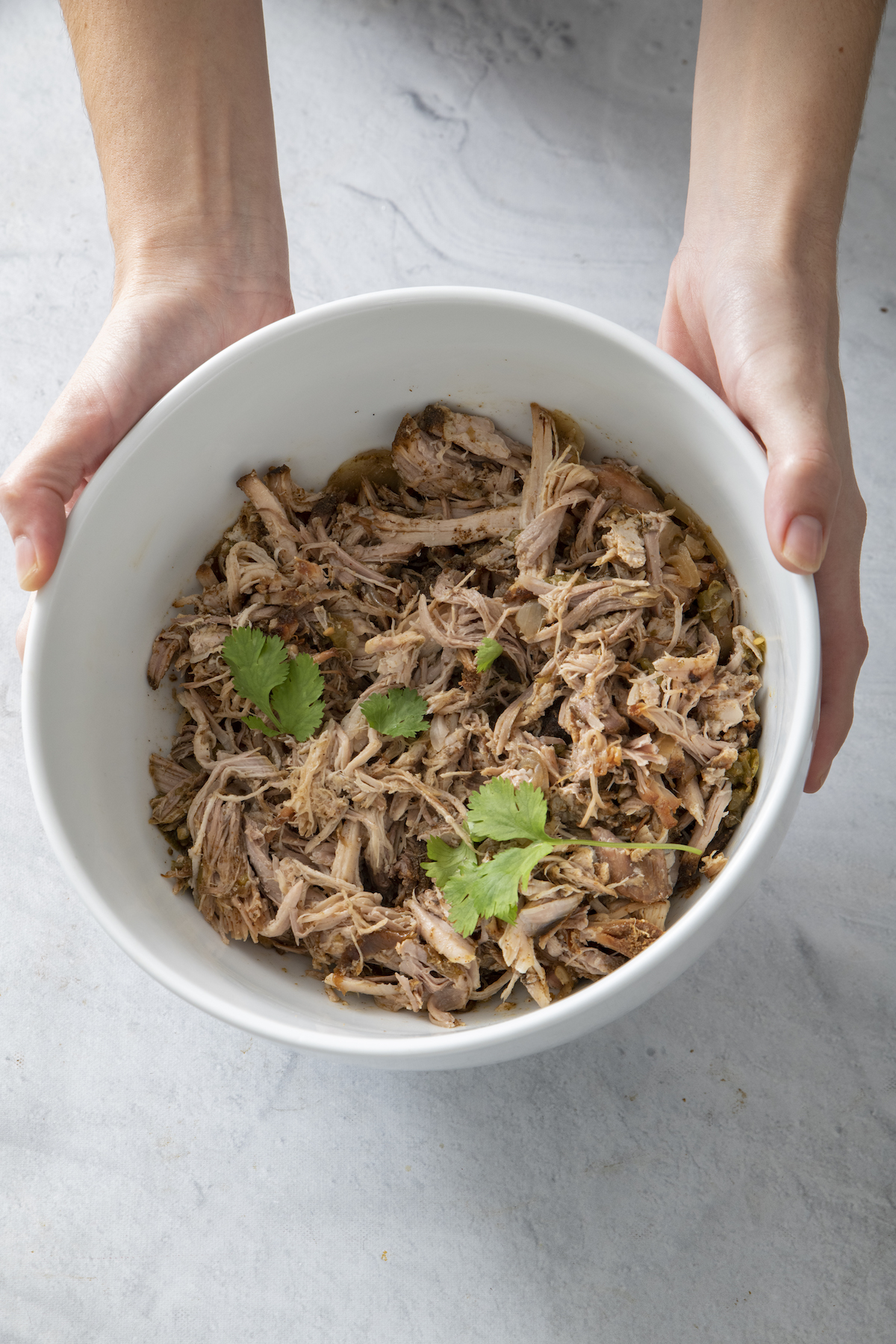 Bowl of shredded Mexican pulled pork.