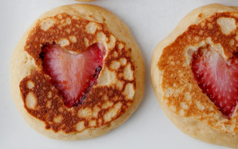 Valentine Strawberry Heart Pancakes from Weelicious