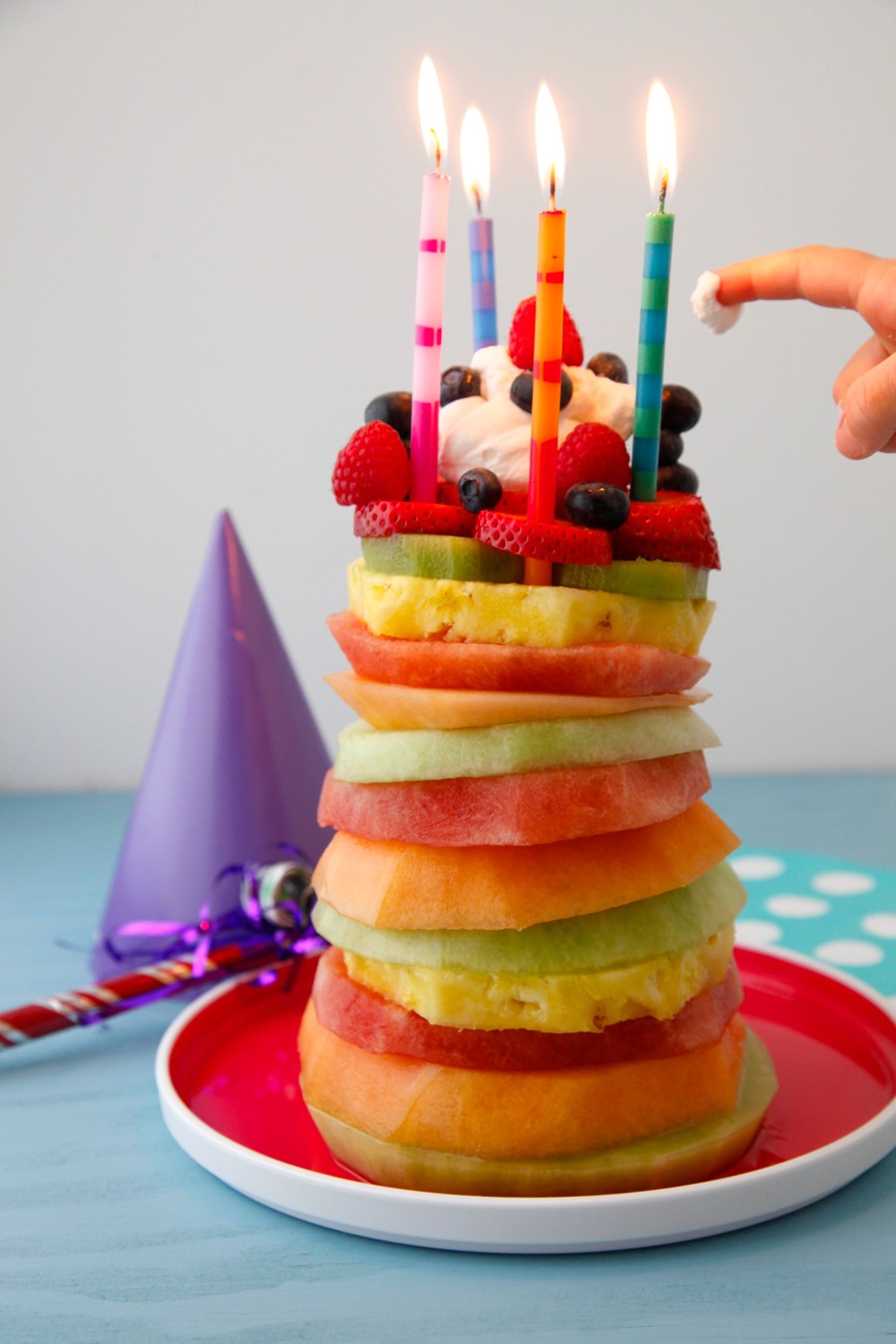 Fruit Tower Healthy Birthday Cake from Weelicious