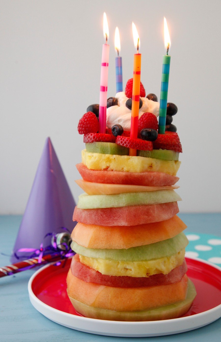 Fruit Tower Healthy Birthday Cake from Weelicious