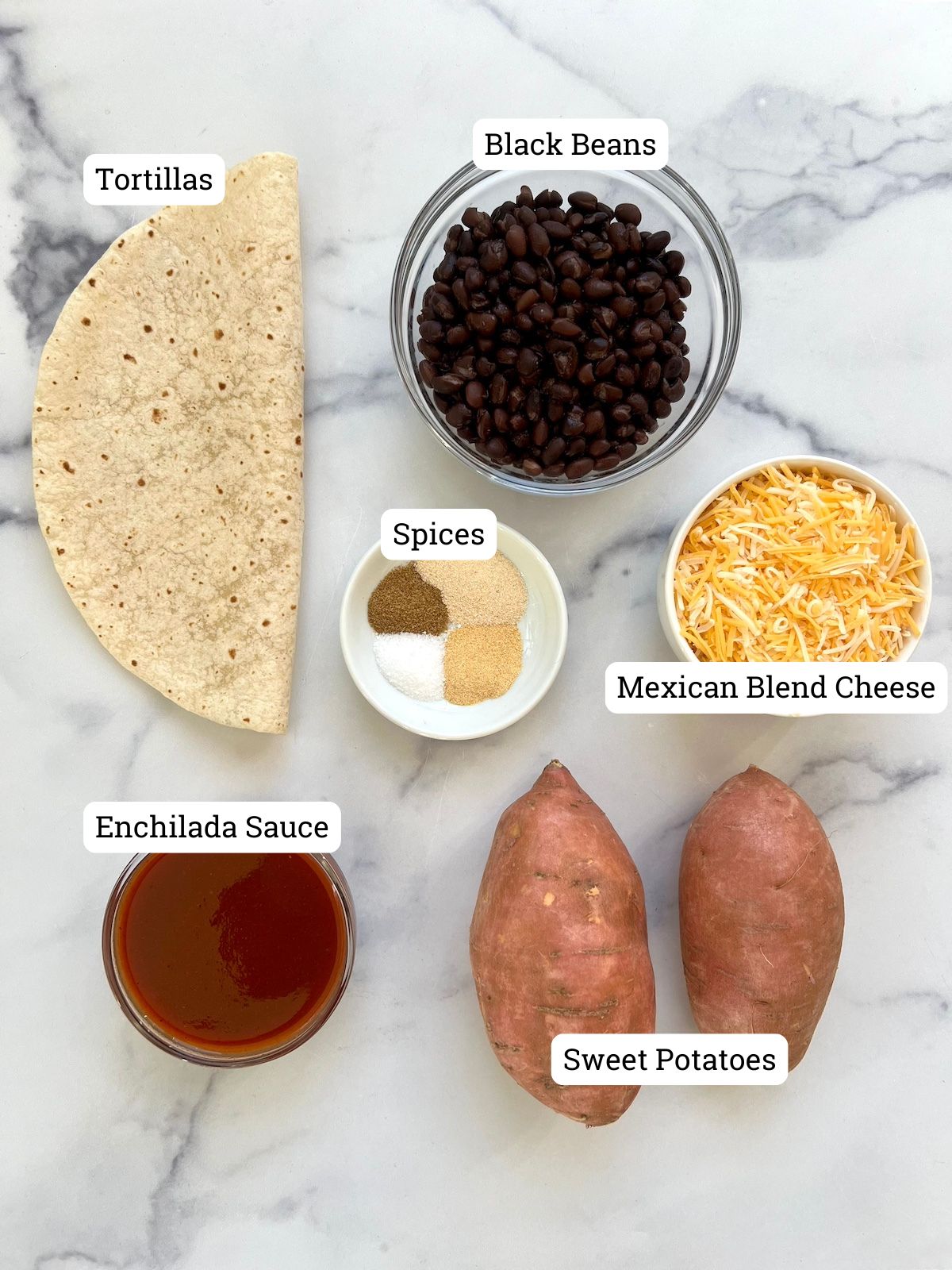 Ingredients to make sweet potato black bean enchiladas.