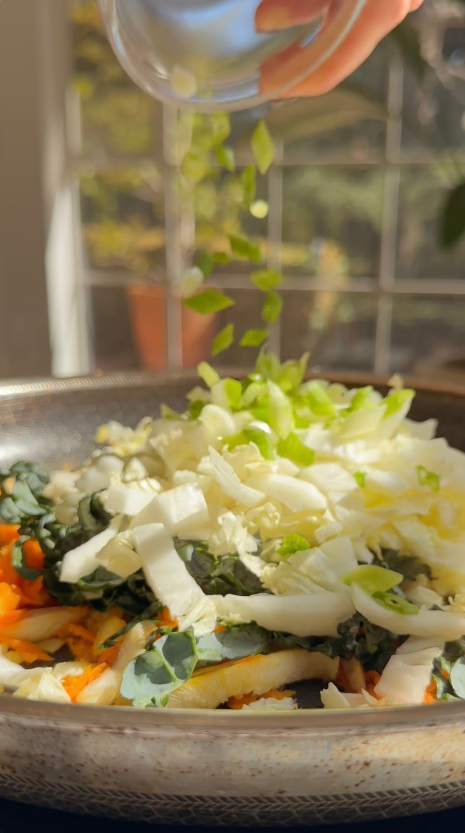 Vegetables in a saute pan.