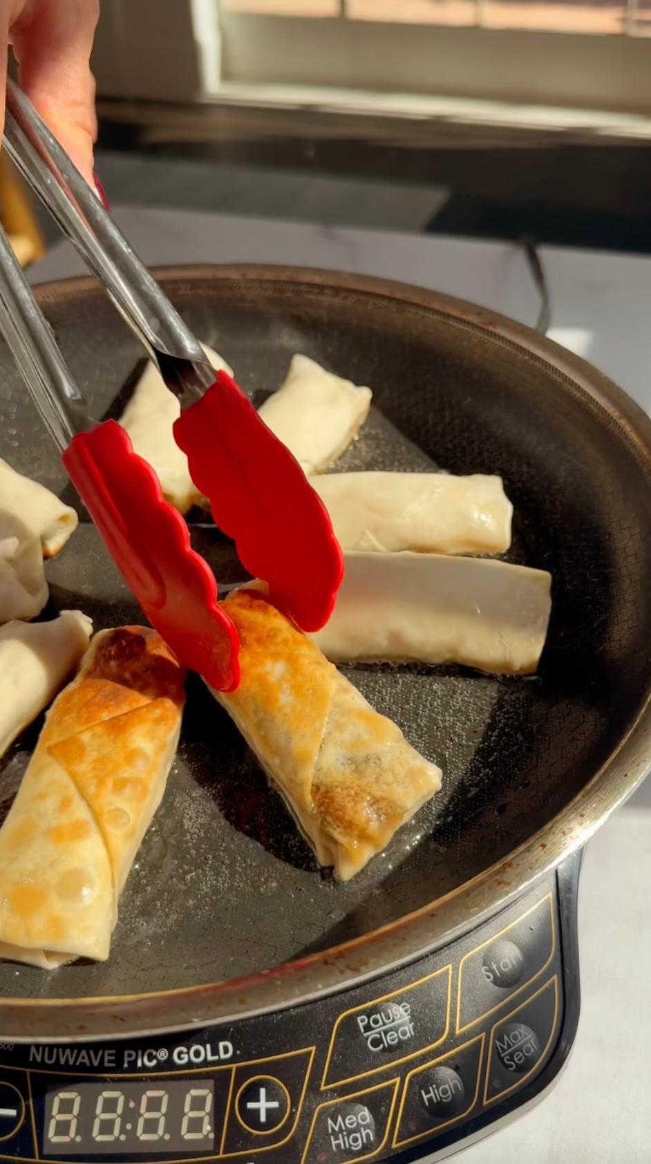 Pan fried vegetarian spring rolls.