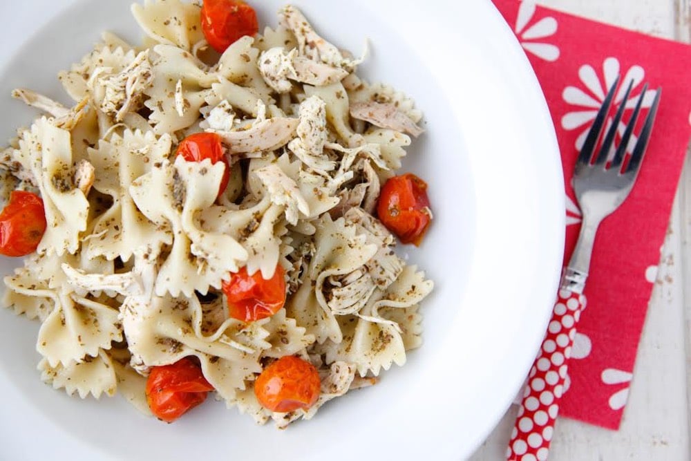 Pesto Pasta with Roast Chicken and Cherry Tomatoes from Weelicious