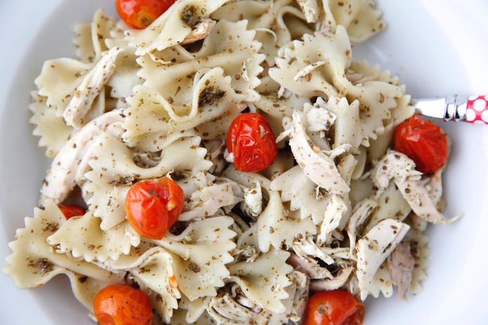 Pesto Pasta with Roast Chicken and Cherry Tomatoes from Weelicious