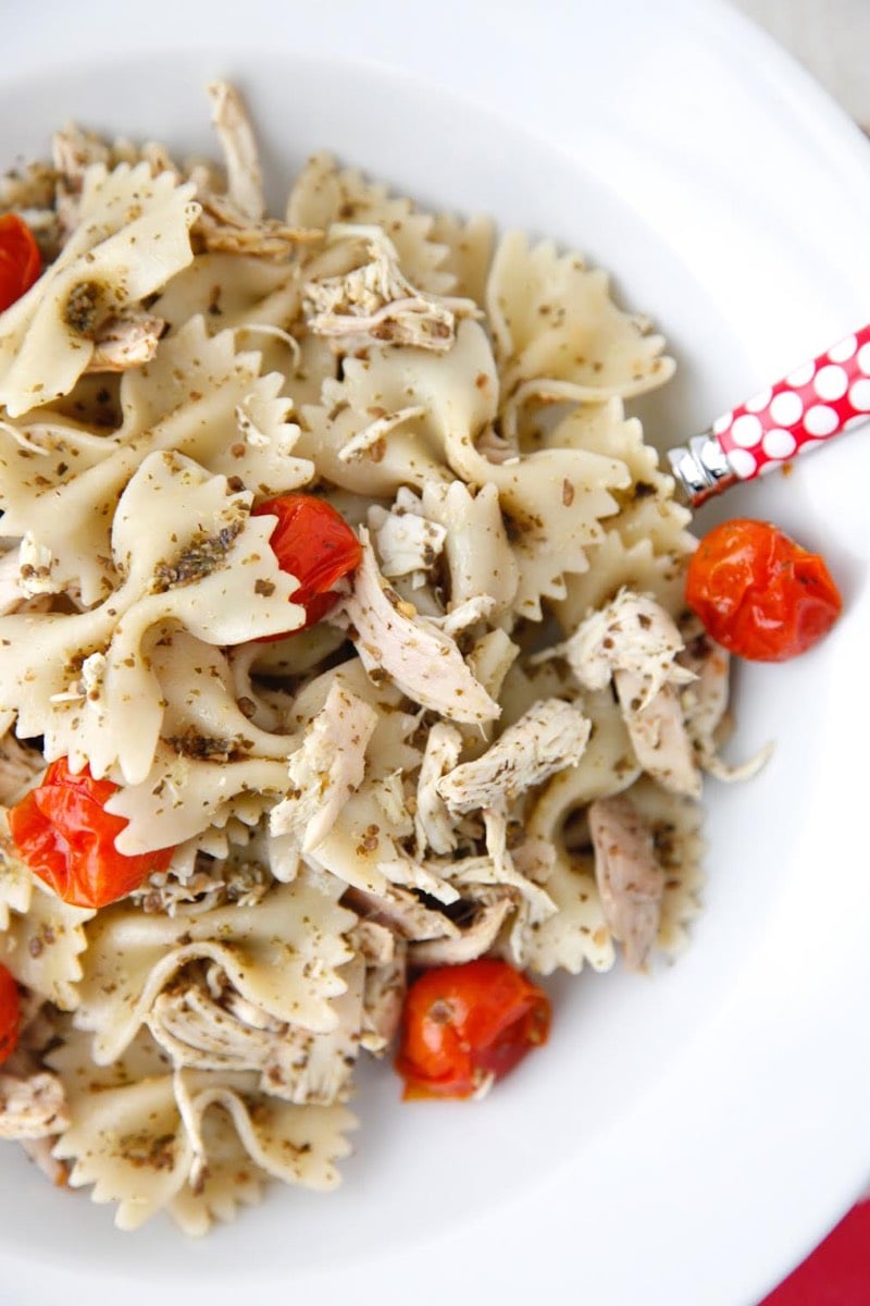 Pesto Pasta with Roast Chicken and Cherry Tomatoes from Weelicious