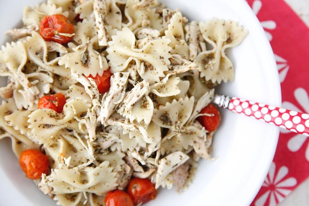 Pesto Pasta with Roast Chicken and Cherry Tomatoes from Weelicious