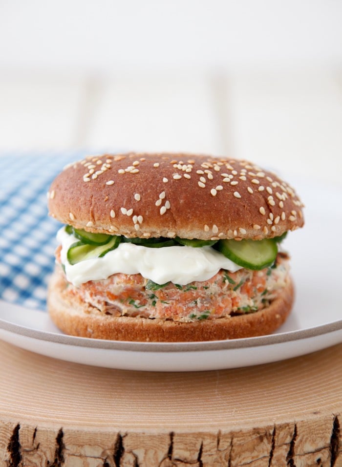 Family Favorite Salmon Burgers with Quick Pickled Cukes from weelicious.com
