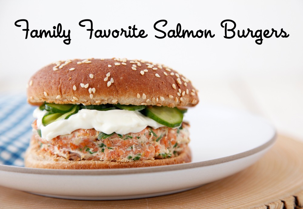 Family Favorite Salmon Burgers with Quick Pickled Cukes from weelicious.com