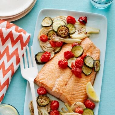 Salmon Sheet Pan Dinner recipe from weelicious.com