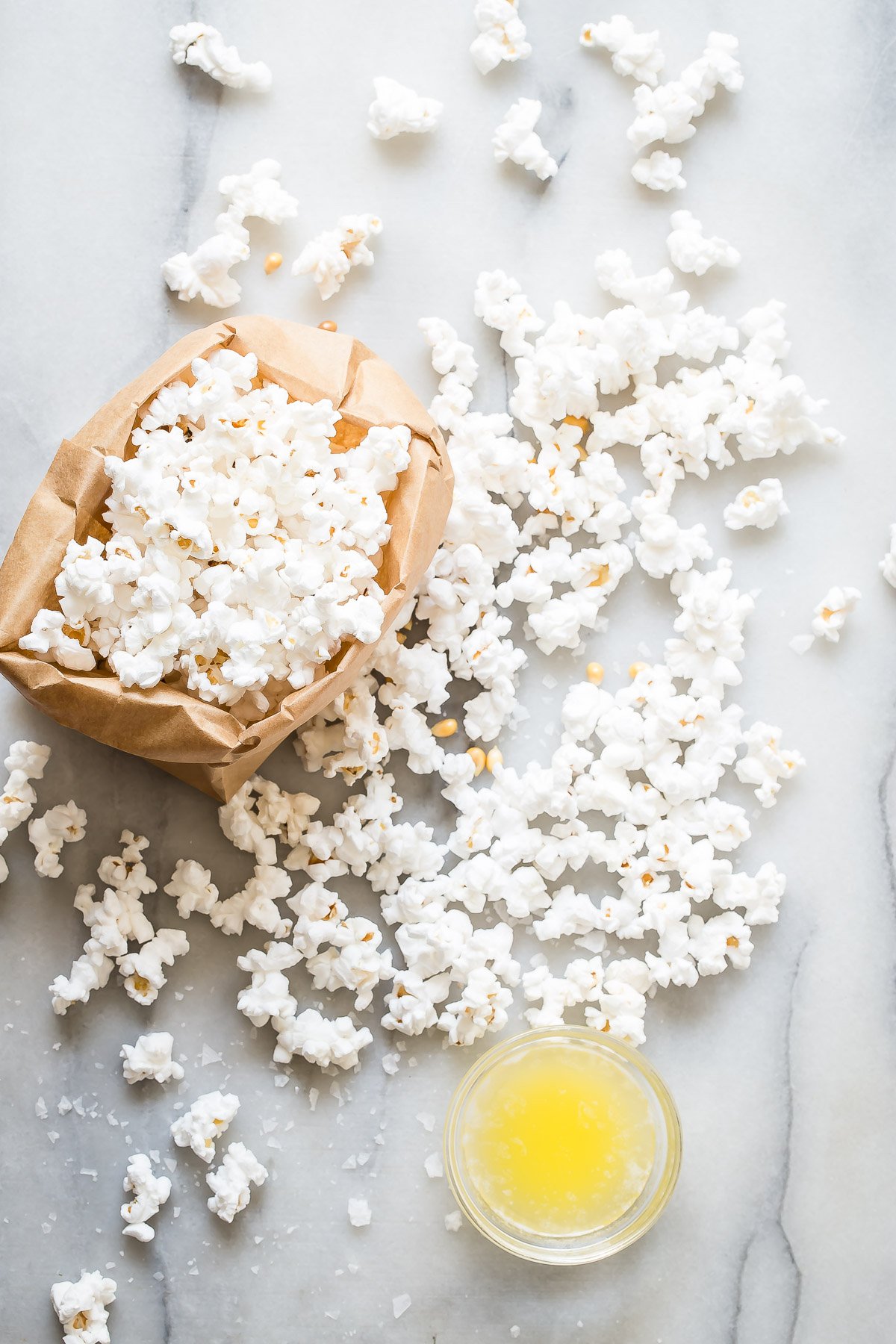 Paper bag popcorn on a counter.