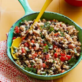 California Style Cauliflower Rice and Beans in a serving bowl.