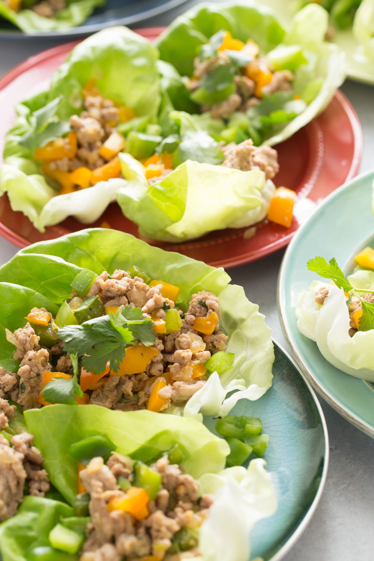 Stir-fried ground chicken in lettuce wraps.