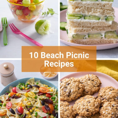 A grid of four beach picnic recipes: melon ball fruit salad, cucumber cream cheese sandwiches, pasta salad, and oatmeal chocolate chip cookies.