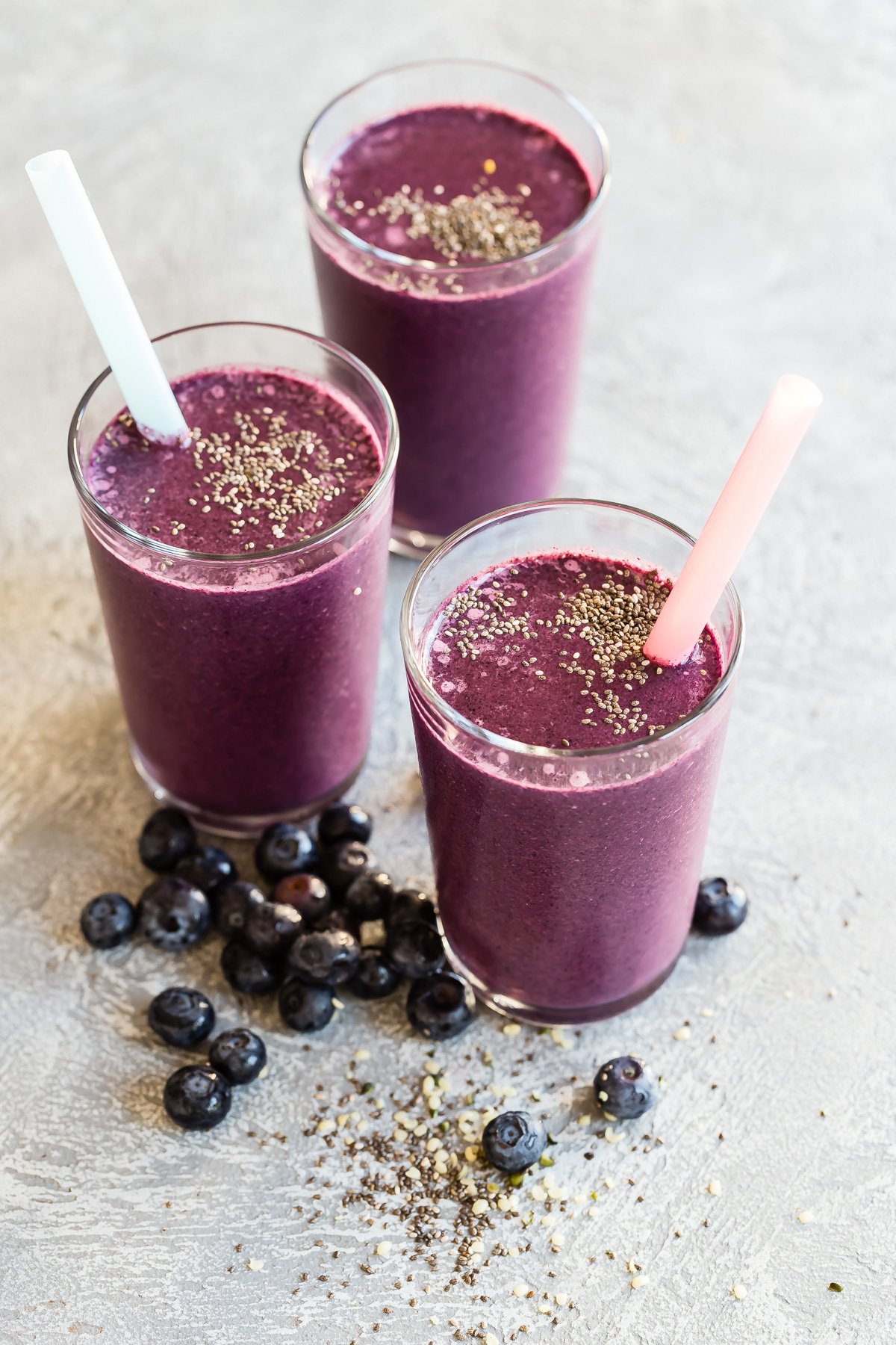 overhead view of blueberry chia smoothie