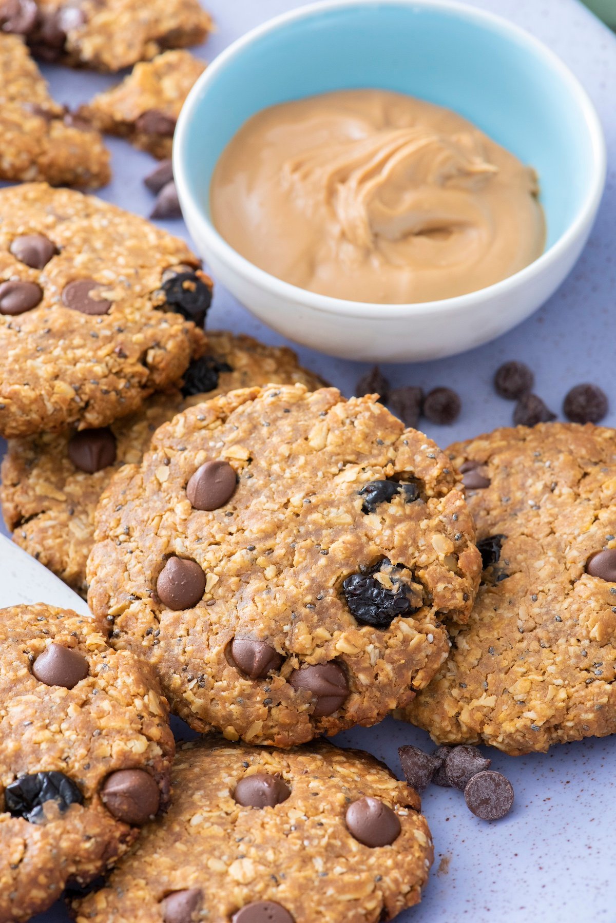 Protein cookies on purple platter.