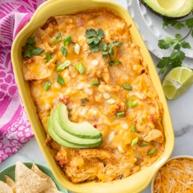 Mexican Lasagna in baking dish.