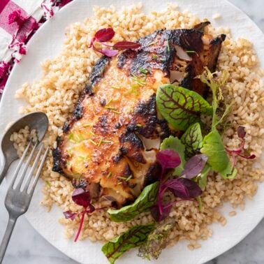 Miso Marinated Fish served with brown rice.