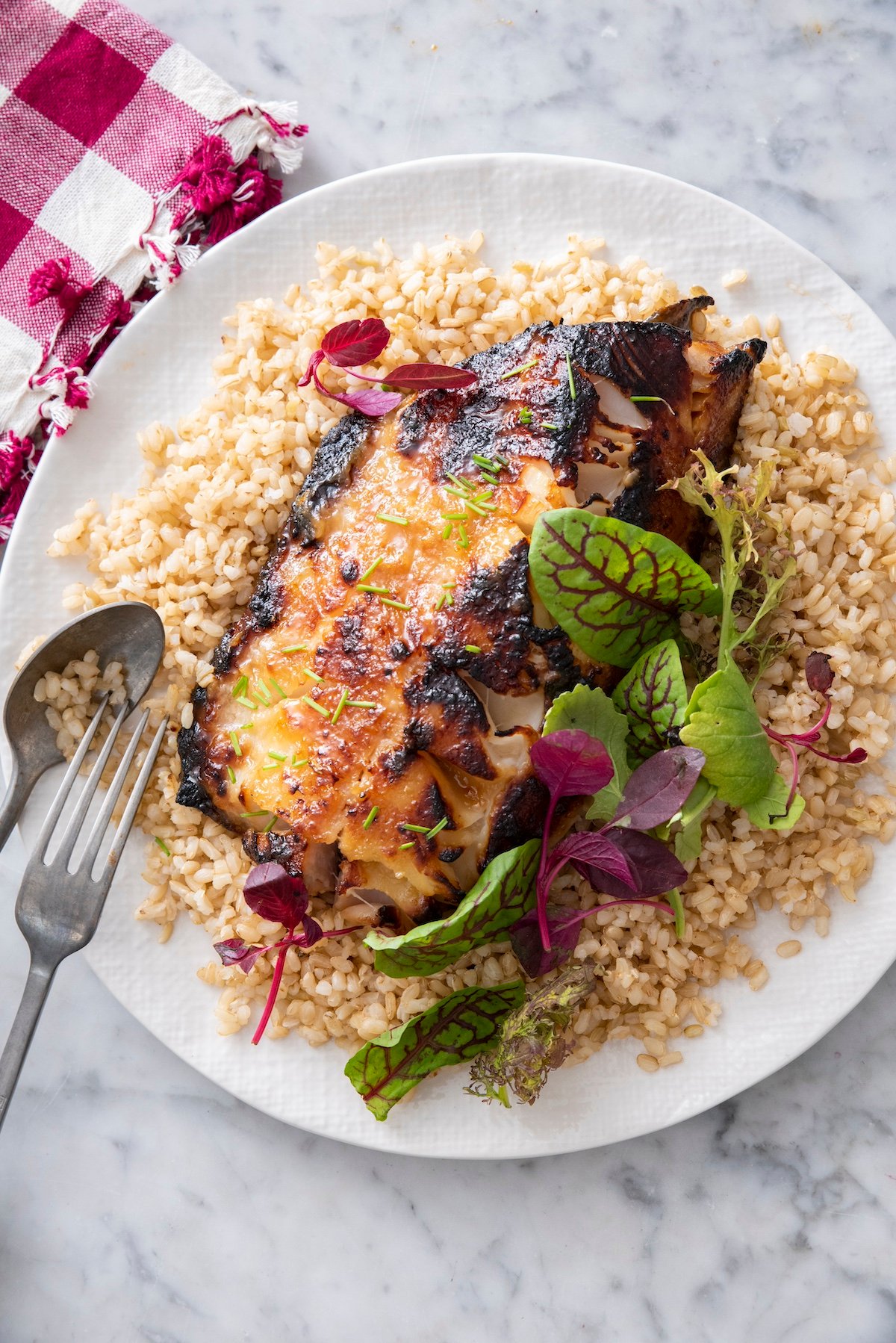 Miso Marinated Fish served with brown rice.