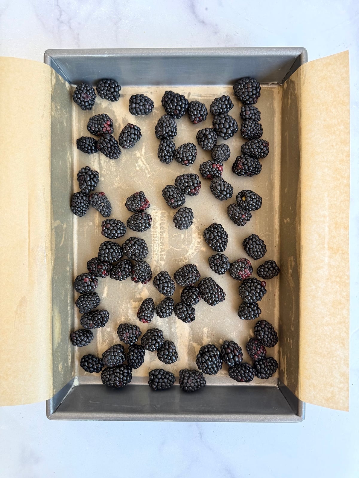 Fresh blackberries arranged in an even layer in a parchment-lined baking pan.