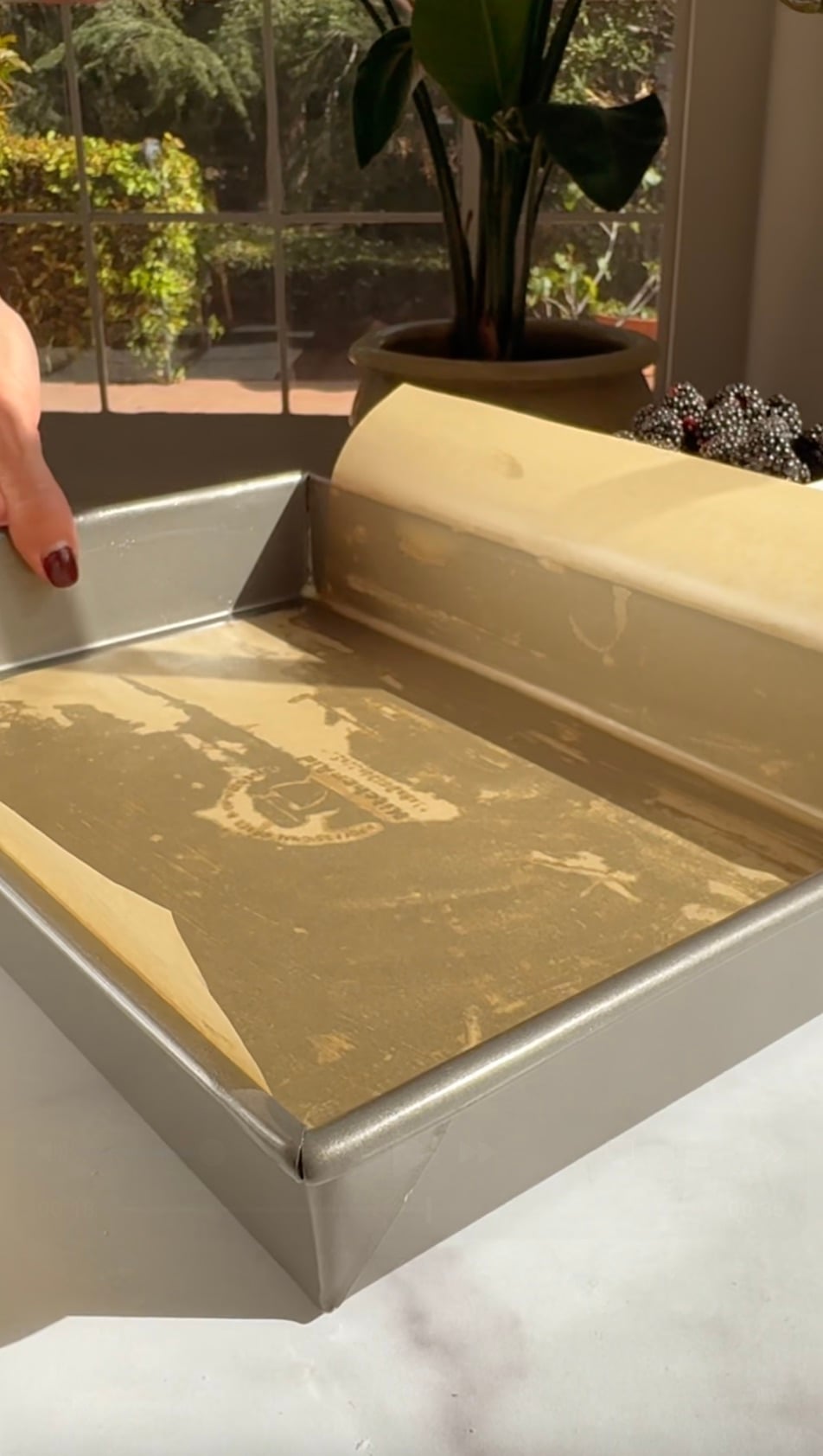 A 13x9 inch pan prepared with butter, flour and parchment paper.