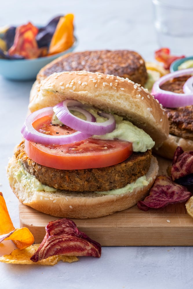 Lentil Chickpea Burgers with Avocado Yogurt Sauce - Weelicious