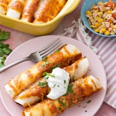 Mexican chicken enchiladas plated next to a baking dish of additional enchiladas.