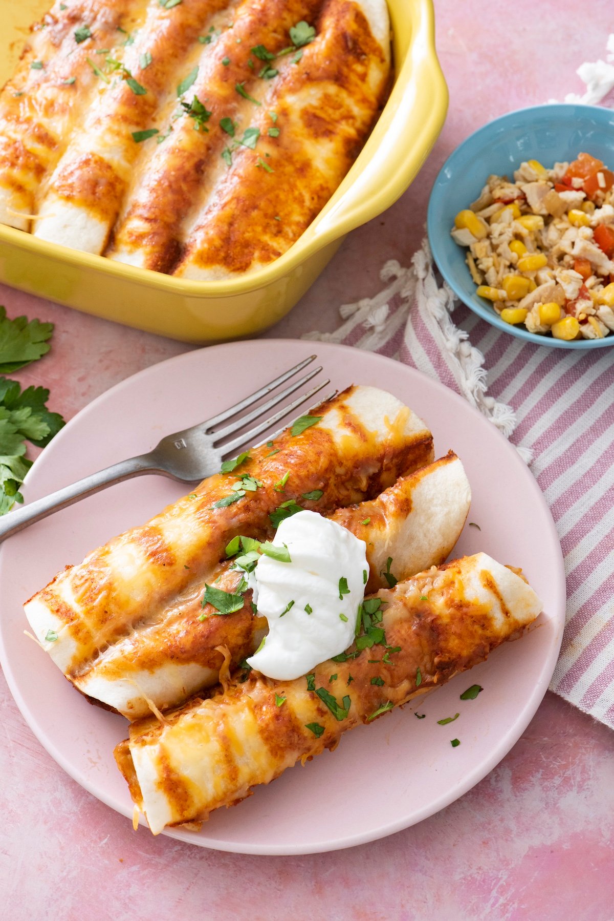 Mexican chicken enchiladas plated next to a baking dish of additional enchiladas.