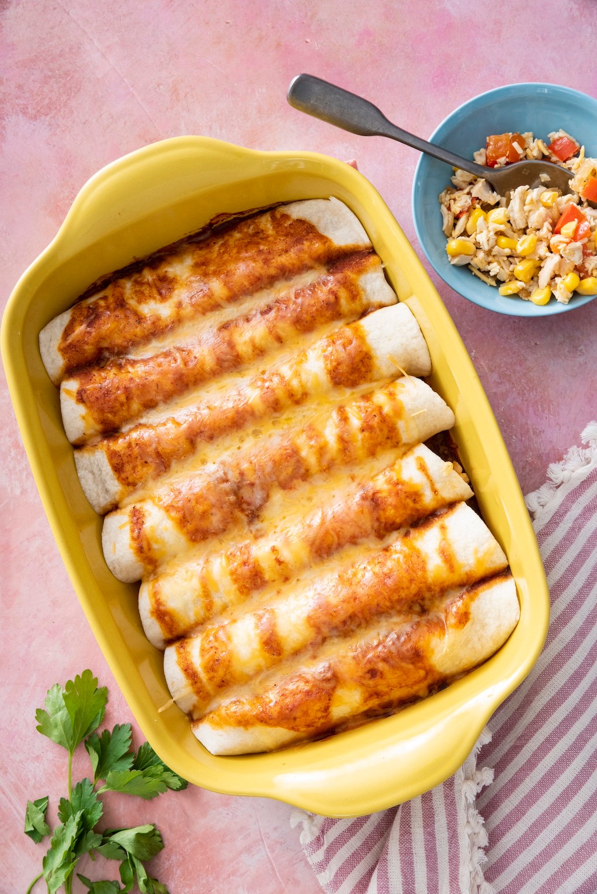 Chicken enchiladas fresh out of the oven.