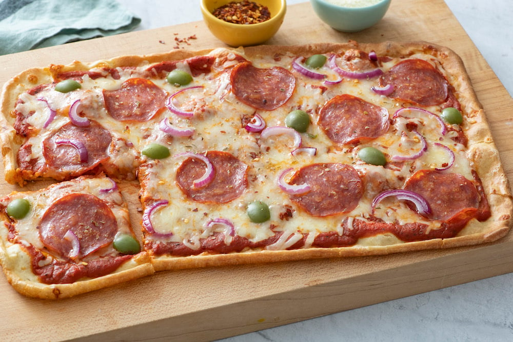 Sheet Pan Pizza with Pepperoni, Olives and Peppers