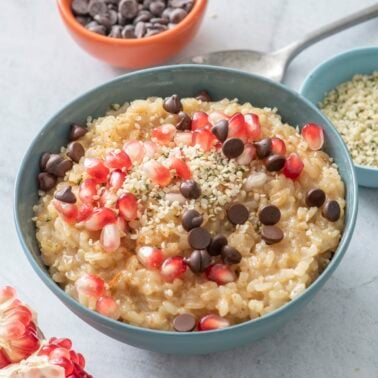 Leftover rice pudding in a blue bowl.