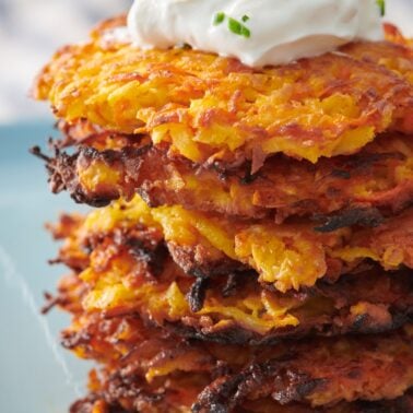 A stack of carrot parsnip latkes.