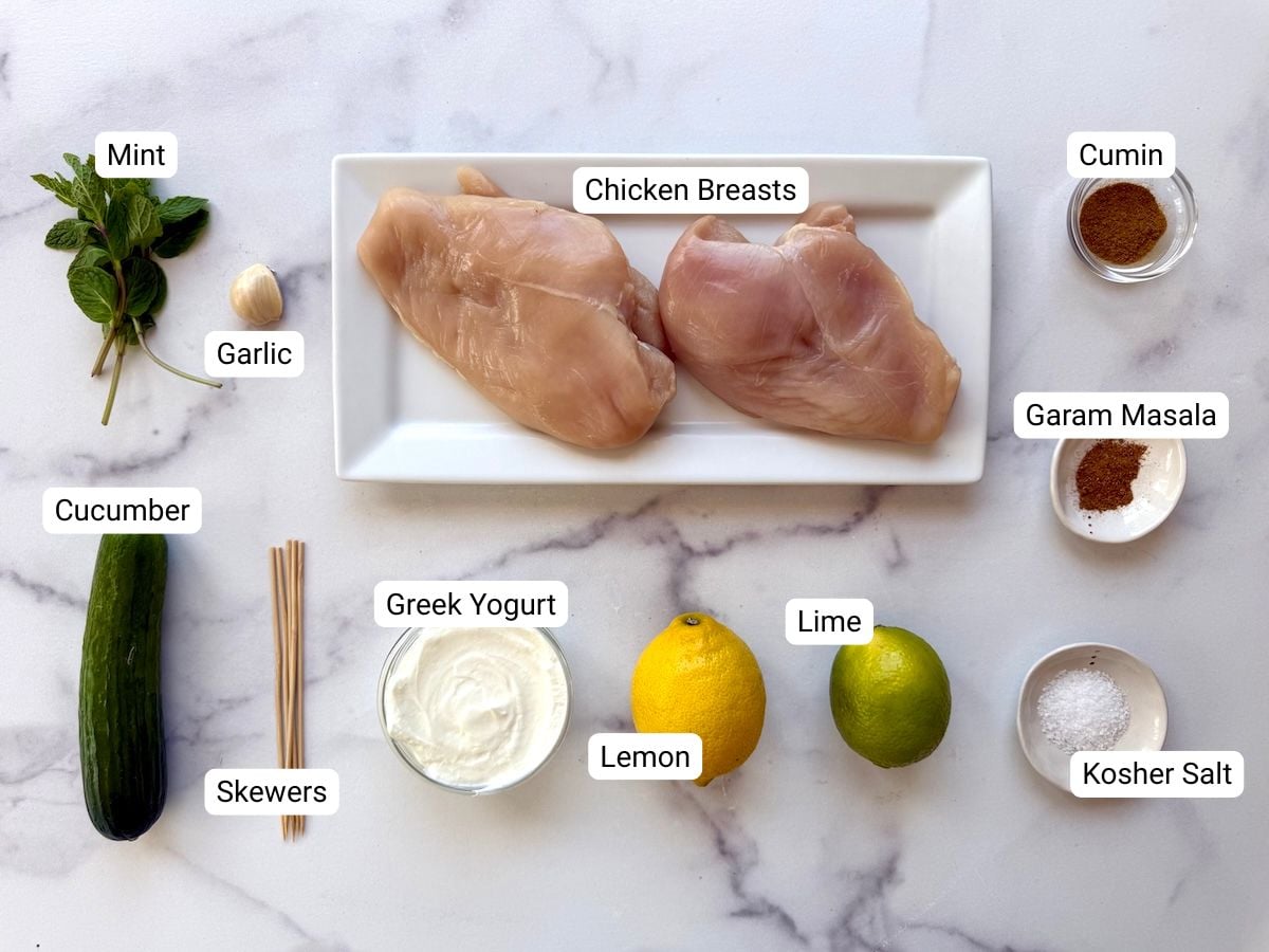 Ingredients for chicken tikka with cucumber mint raita.