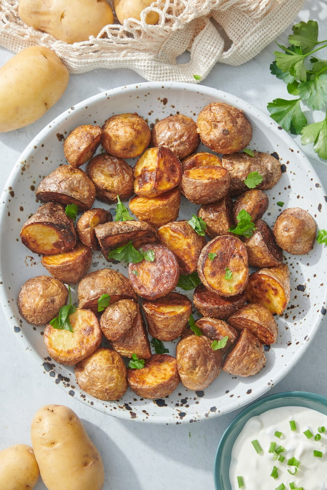 serving plate with air fryer baby potatoes